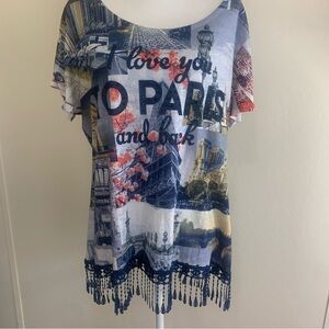 Style & Co I love you to Paris and Back Blue Tshirt with Fringe detail Sz 3x